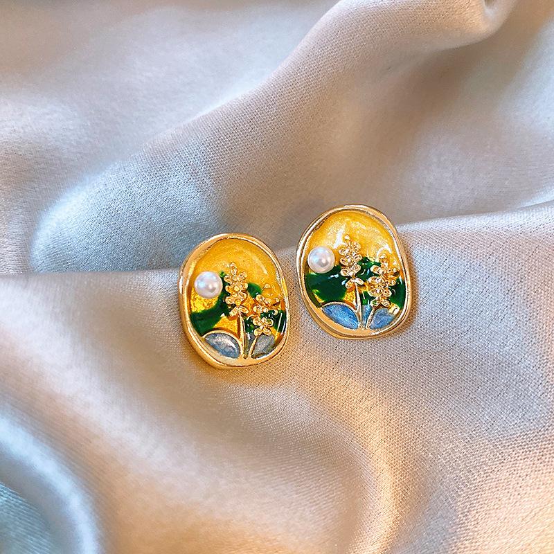 Monet garden oil painting style flower pearl earrings light luxury stud earrings French sweet small fresh earrings women