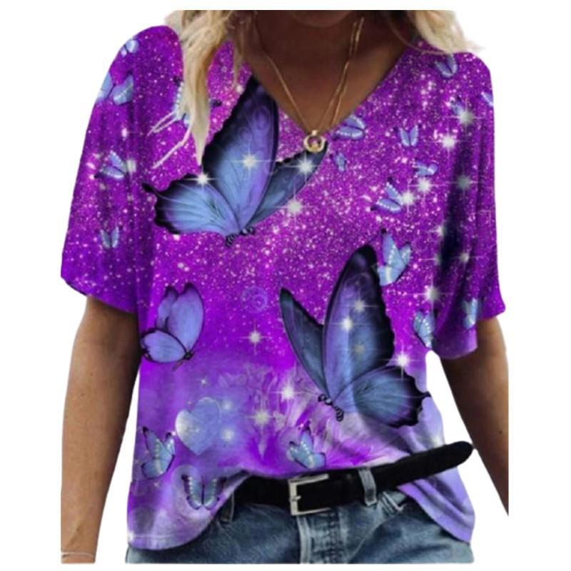 Women's Summer New V-neck Floral Positioning 3D Printed Short Sleeved T-shirt