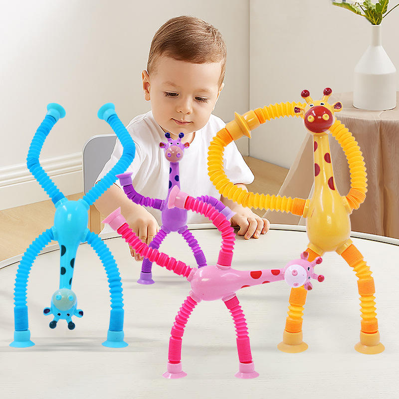 Novelty Giraffe Cartoon Telescopic Tube Educational Plastic Stress Relief Toy with Suction Cup Variable Shape for Child Gifts