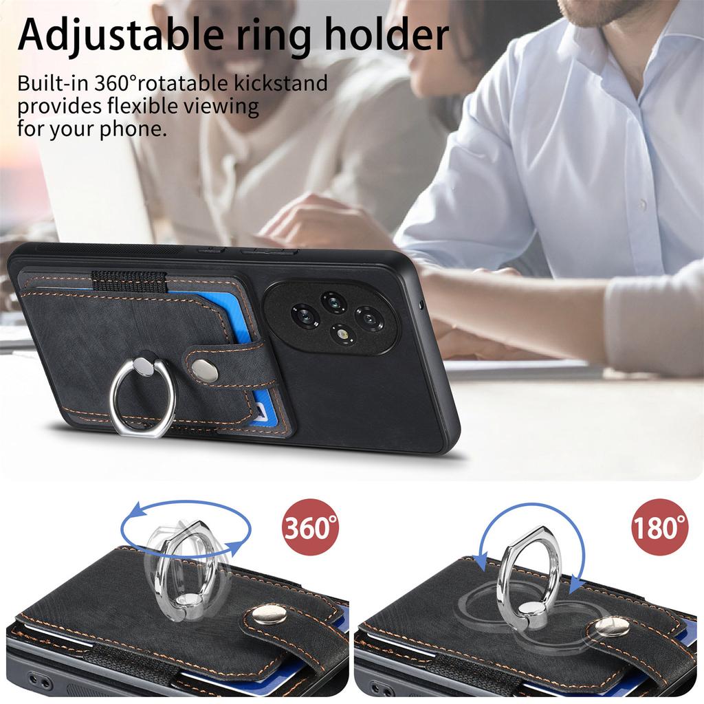 D2 for Honor 200 5G Case Elastic Card Holder Ring Kickstand Leather+TPU Phone Cover