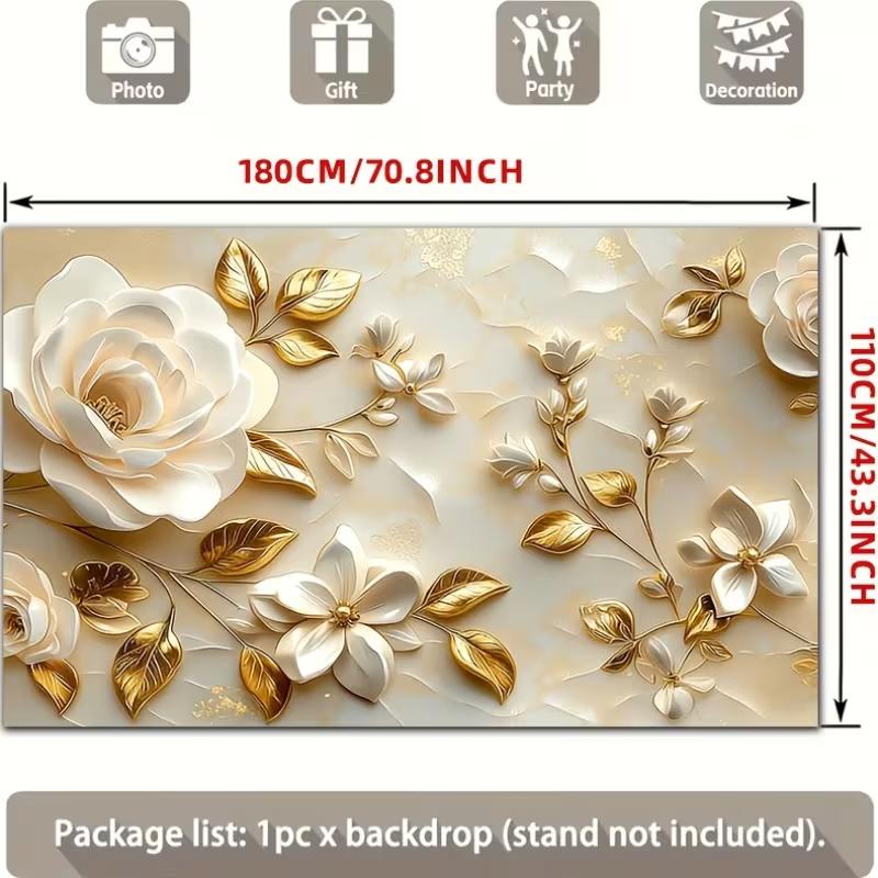 2D White Flower and Gold Leaf Themed Backdrop Photo Background Banner