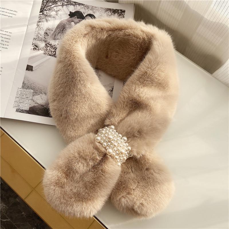 Korean Style Thickened Warm Plush Pearl Scarf - Autumn & Winter Cross Neck Warmer for Girls