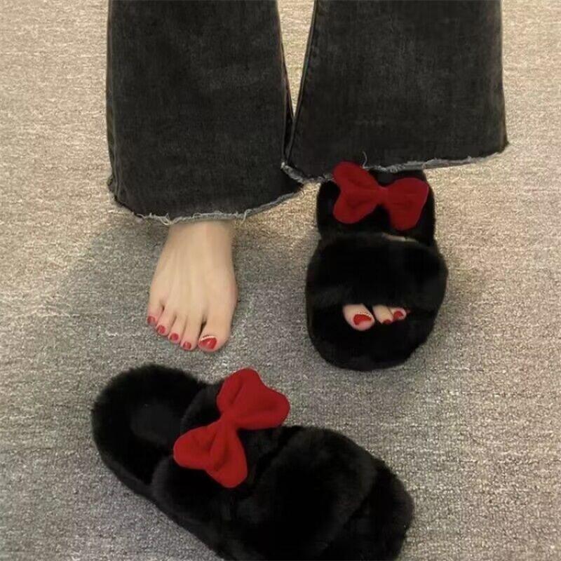 Fairy Wind Bow Hair Slippers Female Wear Superior Sense 2025 New Autumn and Winter Student Dormitory Office Cotton Flops