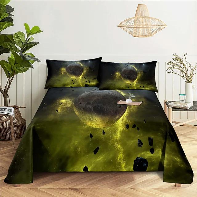 Galaxy Cosmic Planets Bed Sheet Set Soft Polyester Bed Flat Sheet With Pillowcase Romantic Universe Print Bed Sheet Home Textile