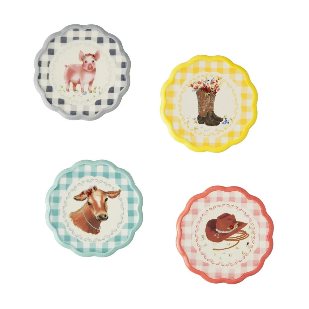 Set of 4 Gingham Ranch Coasters Stoneware Decorative Functional Water Stain Protection Hand Wash Unique Novelty Designs Durable