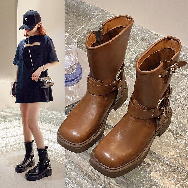 Fashion Woman Boots Knee High Platform Elegant Low Heel Trend Punk Gothic New Rock Leather Fashion Women's Shoes Motorcycle Footwear
