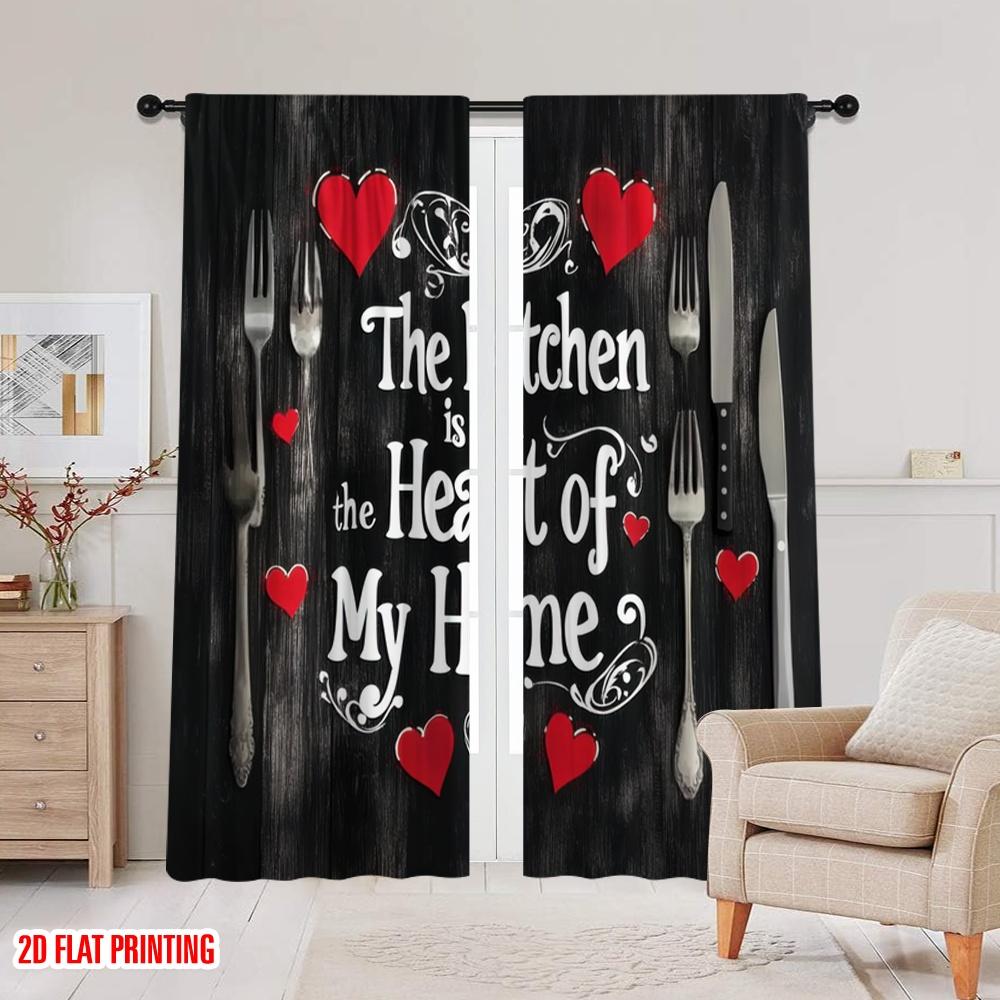 2pcs,2D plane printing Popular Curtain Panels Heartfelt Kitchen Decor Polyester Fabric (without rod) Holiday for Bedroom, Living