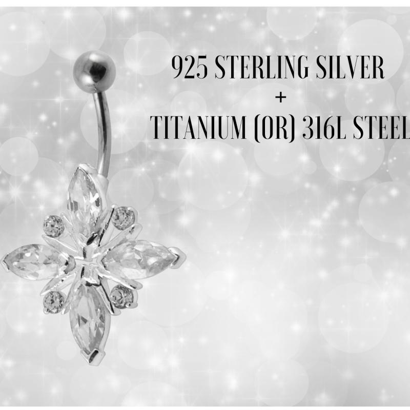 Blumen-Bauchnabelpiercing-Juwel aus klarem Kristall auf Silber und Stahl