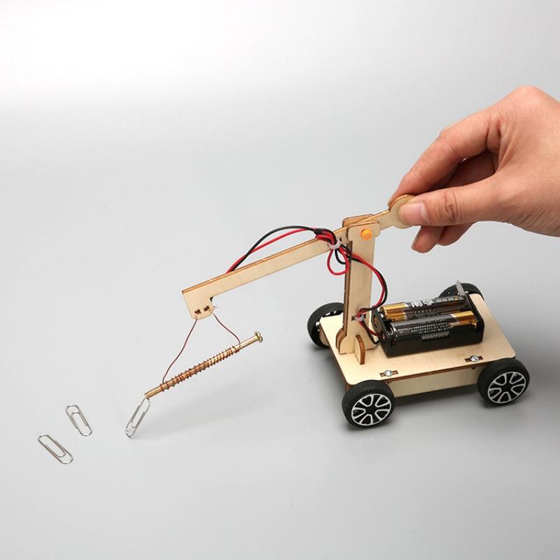 Kids Diy Wooden Electric Electromagnet Crane Science Experiment Model Building Kits Creative Early Learning Education Toys Gift