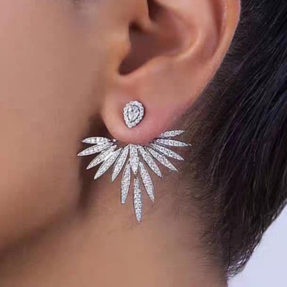 Orecchini a Bottone Simmetrici con Ala di Piuma e Cristallo, Lusso alla Moda, Raffinati, Colore Argento, Accessori Gioiello per Feste da Donna