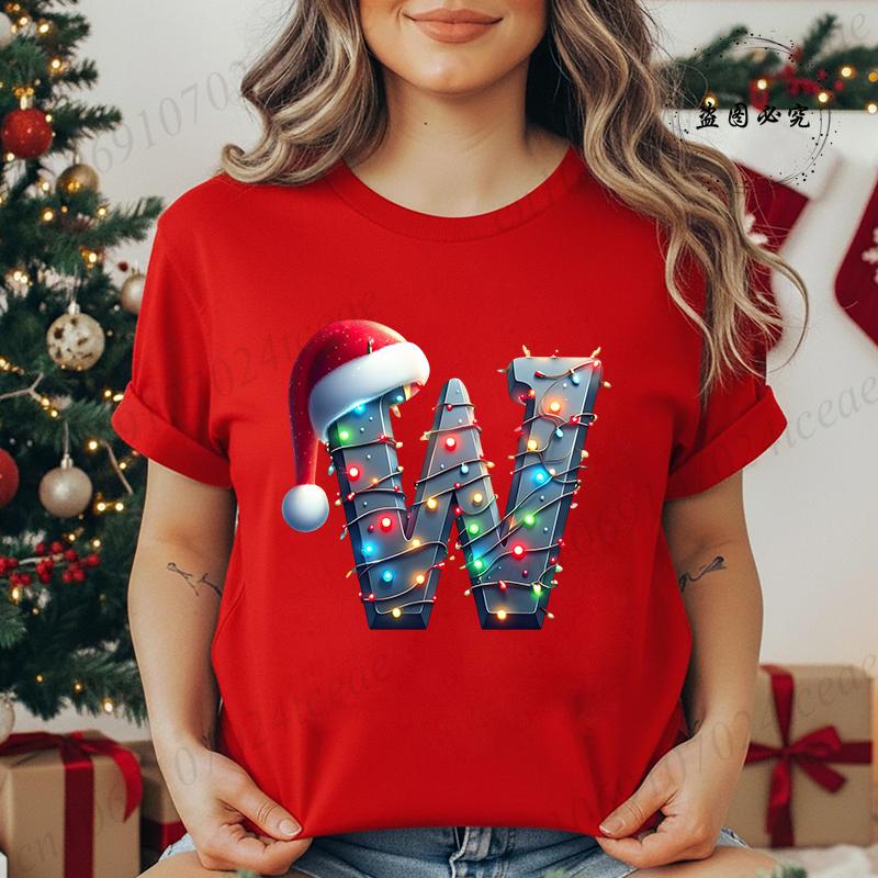 Women's Casual T-Shirt Christmas-lights-wrapped-letter Graphic Tshirt Christmas Design Round Neck Short Sleeve Tee Shirt Clothes
