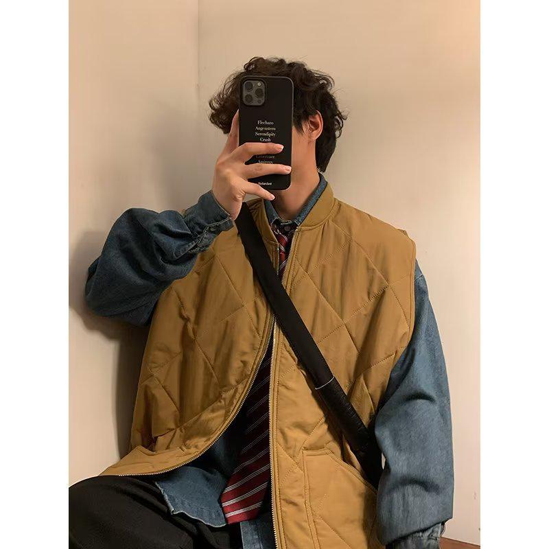 2024 Trendy Diamond Check Men's Winter Cotton Vest – Japanese Style Warm Couple Waistcoat