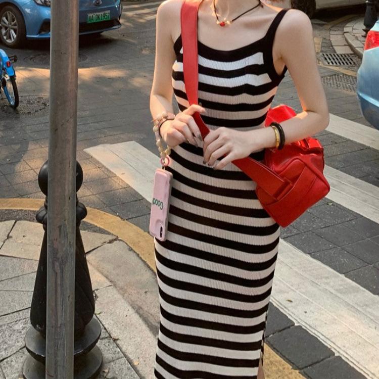New Spice Girl striped knitted suspender dress women's split ends, waist and thin medium and long skirt, vest, hip skirt