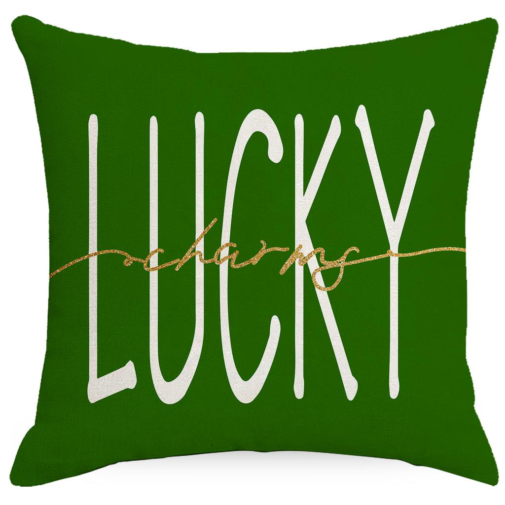 St. Patrick's Day Line Printed Pillow Cover Green Four-leaf Crock Sofa Bedside Car Pillow Cushion Cover