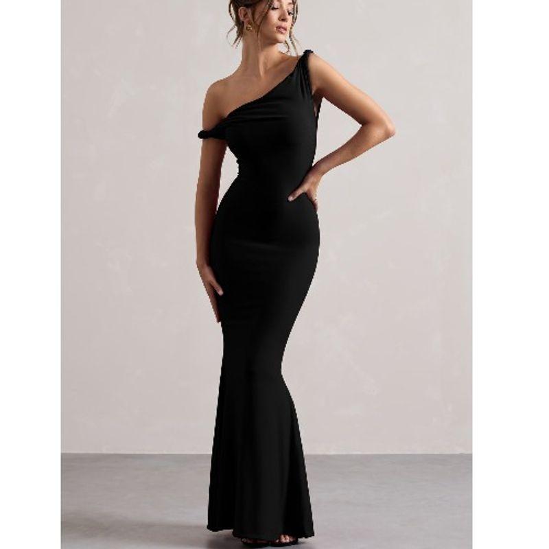 

Cross-Border Fashion Fashion Sexy off-Neck Knot Silm Sheath Elegant Graceful Dress Evening Long Dress Women Black M