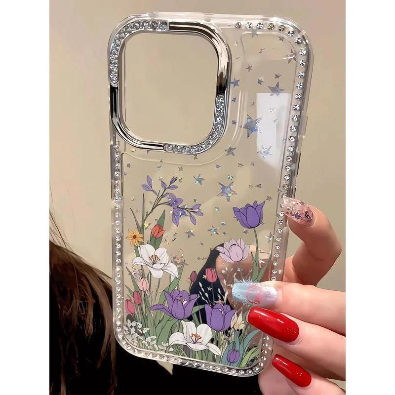 Summer Flowers Suitable for iPhone16/17Pro Mobile Phone Case Apple 15 Flash Diamonds 13 Women 12 Large Holes 14 Sets