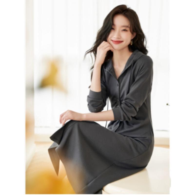 Pleated Waist Skirt Autumn New Air Layer Korean Version Slim Hooded Dress for Women