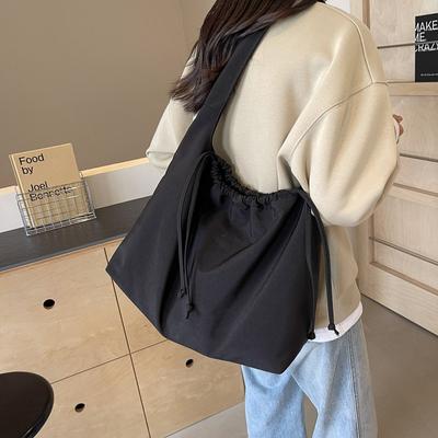 Casual Solid Color Nylon Canvas Bag Small Fresh Simple Large Capacity Hand Bag Drawstring Fashion Shoulder Tote Bag