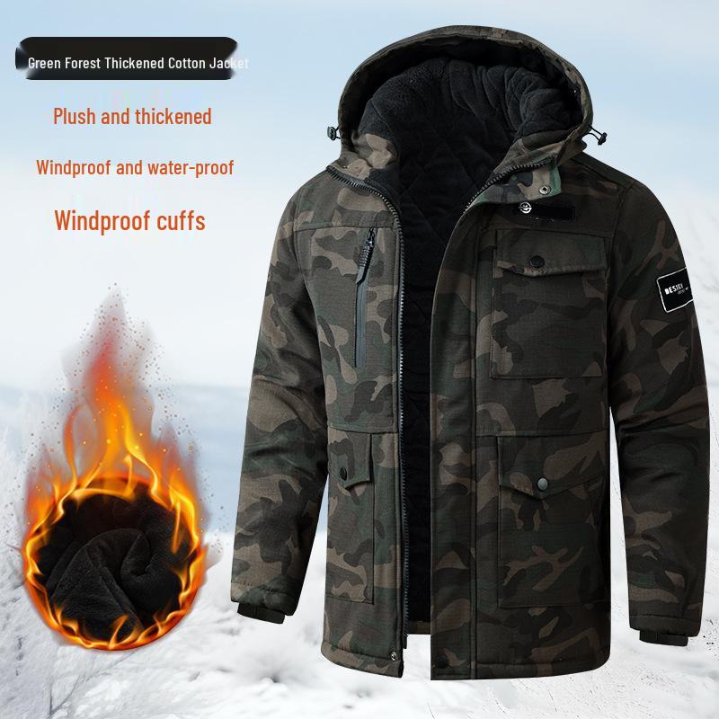 Men's Winter Camouflage Cotton Jacket with Velvet Lining for Cold Protection and Workwear