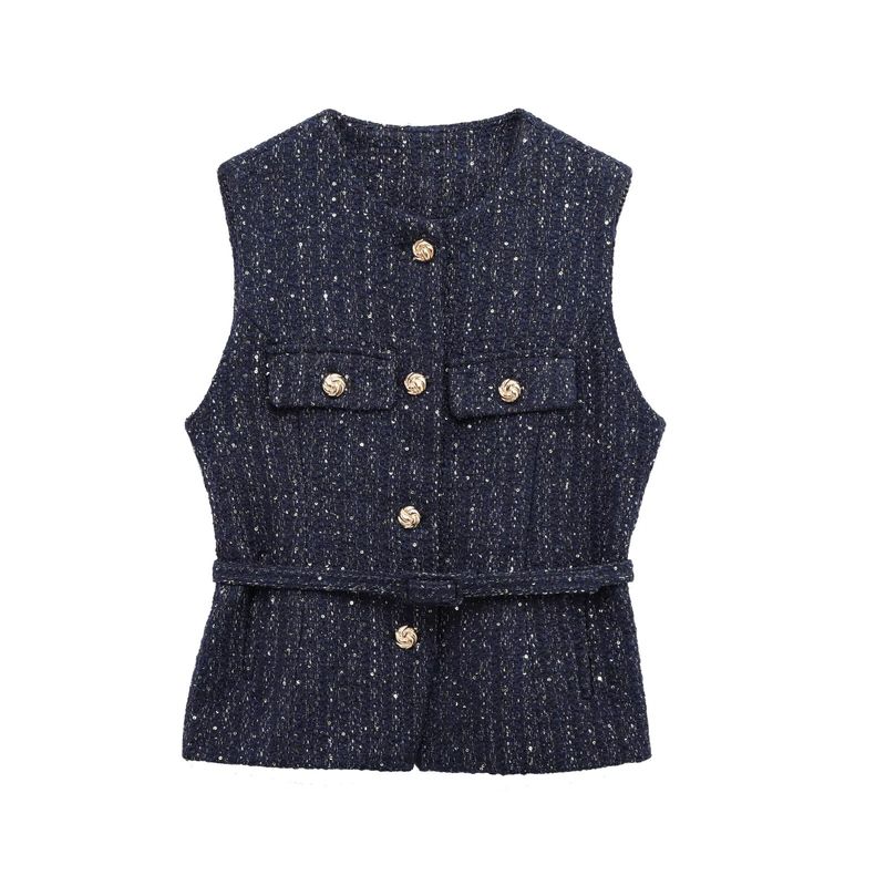 Spring and Summer New Women's Clothing Single-Breasted Flip round Neck Sleeveless with Belt Texture Vest 2132091