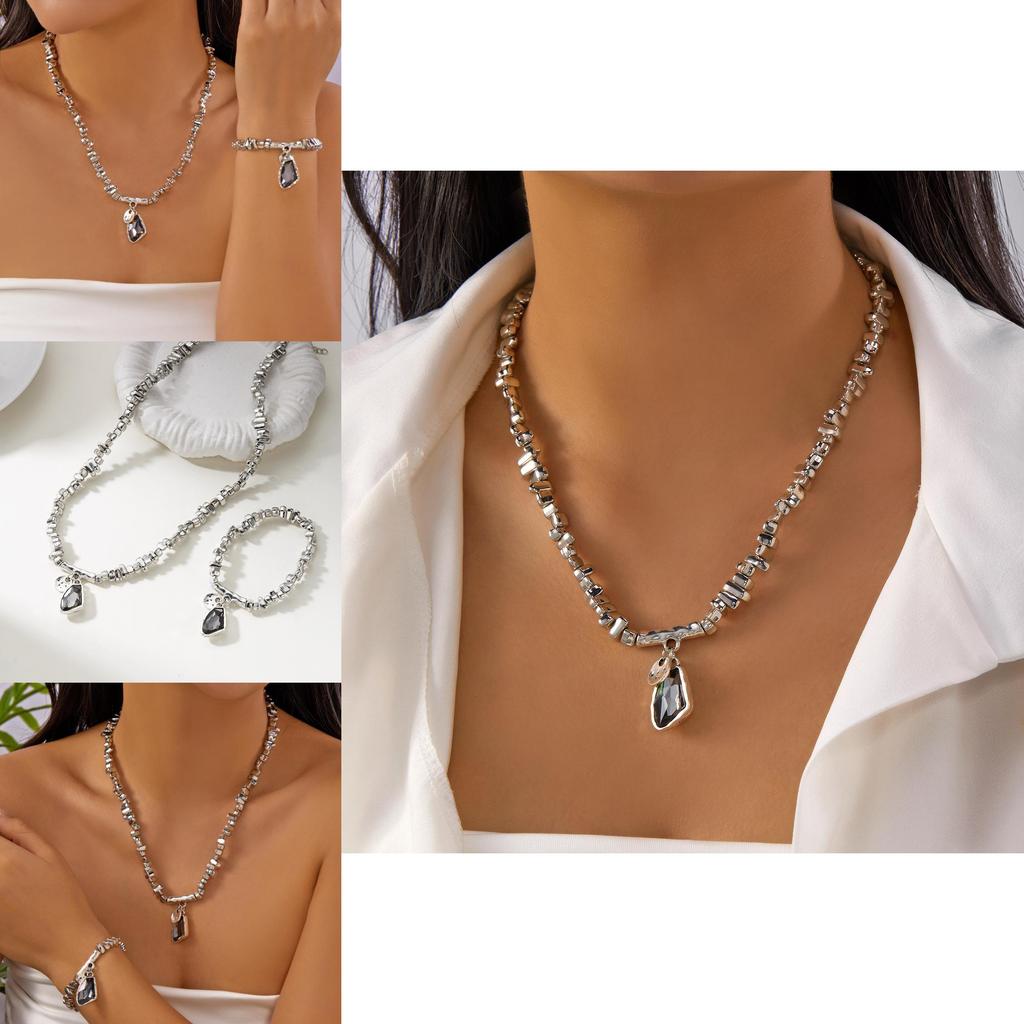 Unique Irregular Shape Alloy Pendant Choker And Wristlet Set With Line Detailing For Females