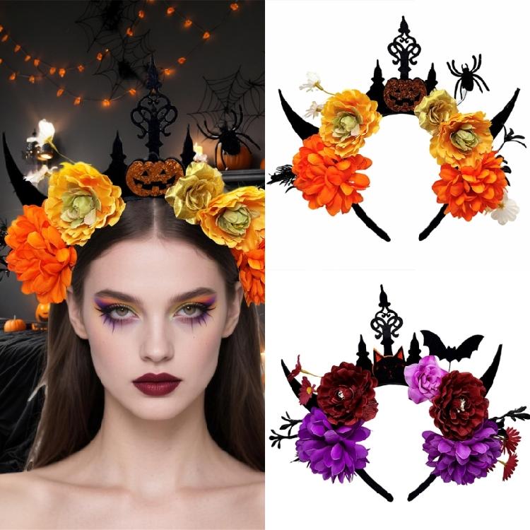 Dark Series Flower Hairband with Skull Decors For Women Girl Halloween Costume Party Role Playing Accessory Headpiece