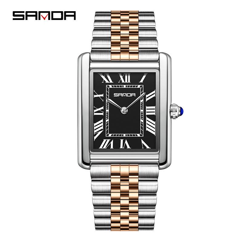 Montre à Quartz pour Femme Sanda, Petit Cadran, Chiffres Romains, Mode Étanche Rectangulaire, Design Couple.