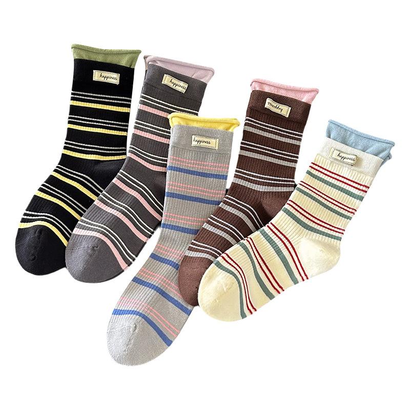 Color-blocking Striped Mid-calf Socks, Autumn Trend, Letter-label, Double-seam, Rolled-up, Pile Socks, Boneless