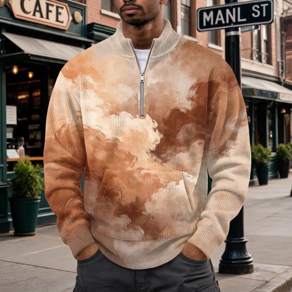 Men's Retro Corduroy Long Sleeve Shirt with Stand Collar and Pocket, Printed Casual Top