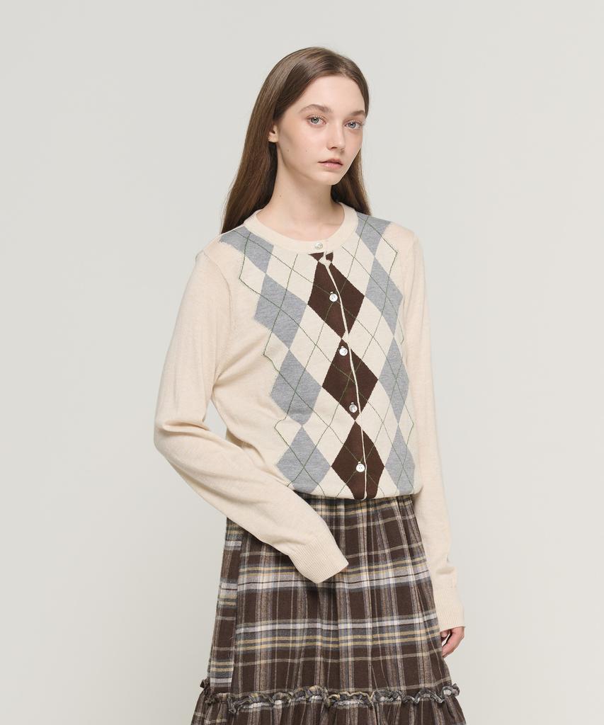 Cargobros For Woman Argyle Check Knit Cardigan (Beige)