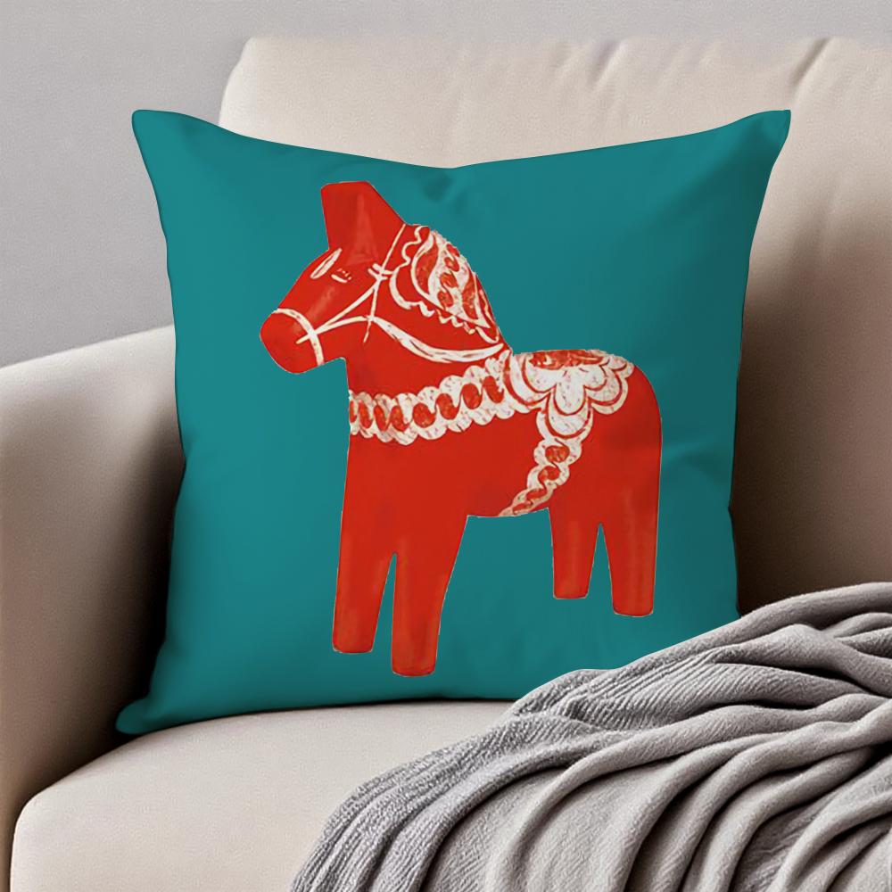 Cute Print Art DDala Horse Cushion Cover Pillowcase Antidustmite Invisible Zipper Short Plush Sofa Cushion