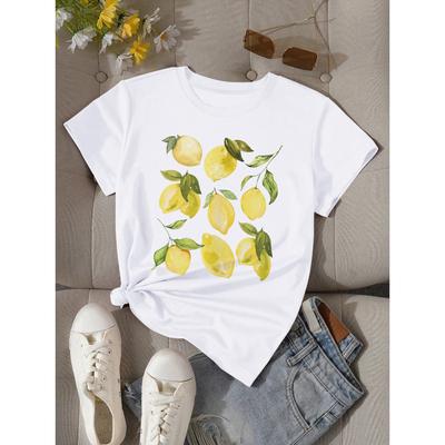 Lemon Print T-shirt, Short Sleeve Crew Neck Casual Top for Summer & Spring, Women's Clothing