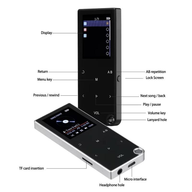 Bluetooth 5.0 Lossless MP3 Music Player HiFi Portable Audio Walkman com FM/eBook/gravador/MP4 Video Player Tela de 2,4 polegadas