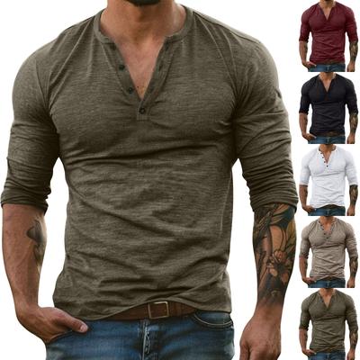Men's Solid Color Long Sleeve Button Collar Long Sleeve T-Shirt Men's Casual Fashion Top