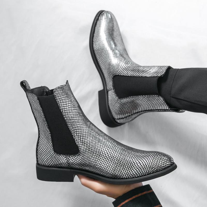 Męskie Złote Botki Chelsea Botki Motocyklowe Retro Street Style Srebrne Buty Wizytowe Smokingowe Ślubne Buty Męskie Botki do Kostki Duży Rozmiar