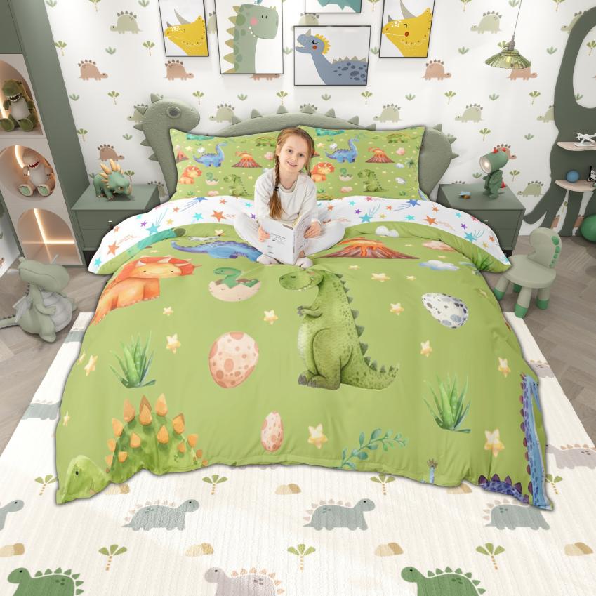 Homewish Cartoon Dinosaur Duvet Cover Set For Kids Boys Girls 2Pcs/3Pcs Cute Dino Bedding Kawaii Animal Comforter Cover Set