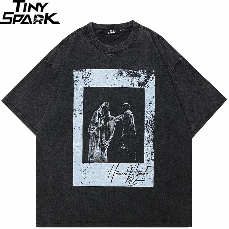 Hip Hop Vintage Washed Black TShirt Streetwear Retro Picture Graphic T Shirt Cotton Unisex Tshirt Men Tops Tees Hipster