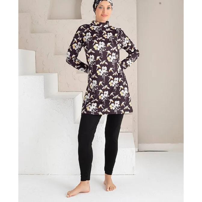 New Blue 2-piece Muslim Women's Modest Muslim Floral Print Seaside Swimwear Full Coverage Swimsuit Set Islamic Hijab Beachwear Burkini Swimsuit