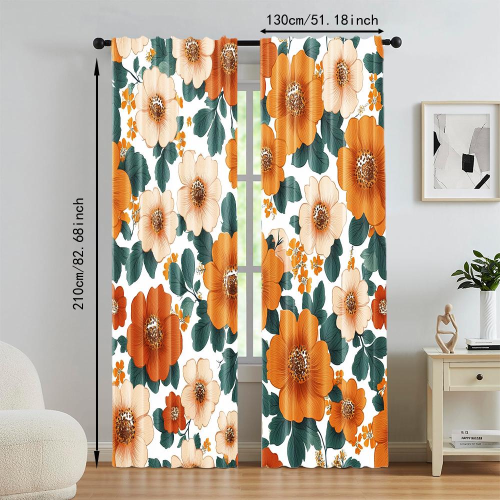 2 pcs, versatile polyester transparent curtains for home decoration Orange Floral Pattern for use in bedrooms and living rooms