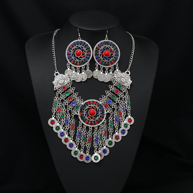 Vintage crystal coin collarbone chain necklace female personality exaggerated bohemian fringed temperament earrings set