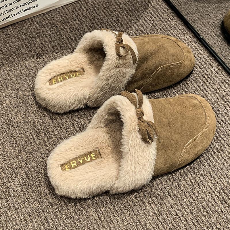 Fashion Fur Women Slippers Flats Bow Slingback Mules Shoes Fashion Dress Woman Cotton Shoes Winter 2025 New Designer Warm Mujer Botas