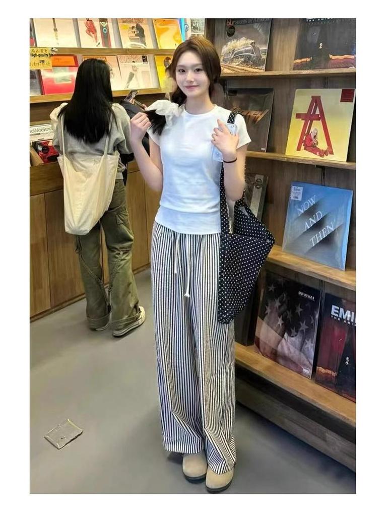 Petite High-Waisted Black & White Striped Wide-Leg Drawstring Pants