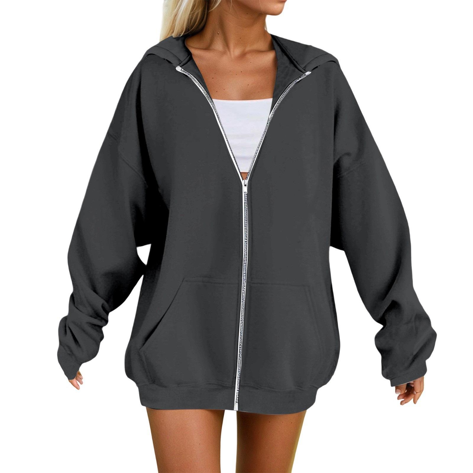 Women s Hooded Long Sleeve Zip Up Hoodie Oversized Loose Fit Streetwear Casual Pocket Sweatshirt Jacket XS