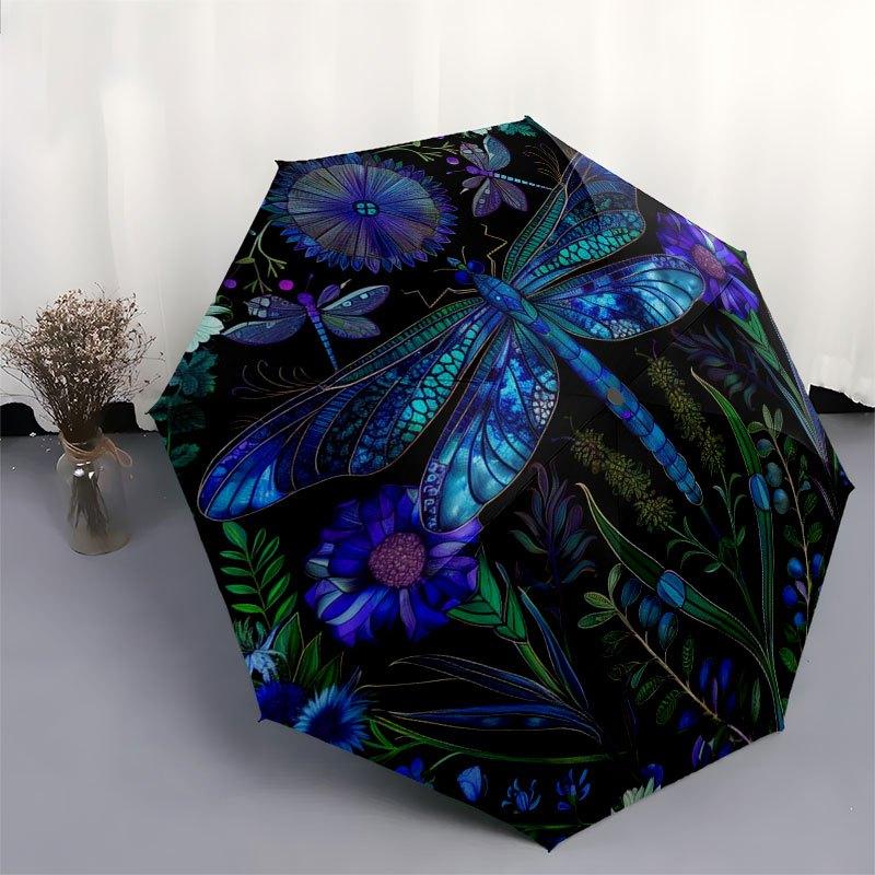 Blue Dragonfly Garden: A Vibrant Circular Art Print Umbrella, Cute Umbrella with Cute Design, Portable 3-Fold Compact Umbrella for Men & Women, Valent