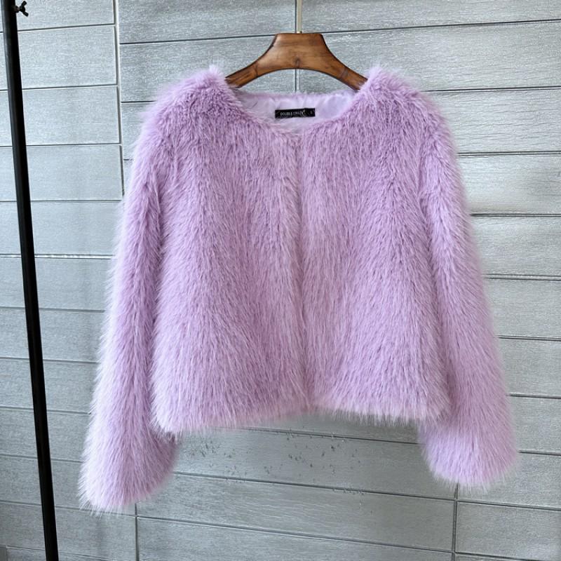 Großgröße Damen Kurzmantel aus Kunstpelz Rundhalsausschnitt Langarm Street Style Oberbekleidung in Weiß Beige Schwarz Grau Rosa Lila