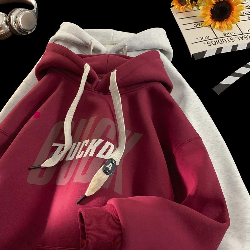 Heavy stiff burgundy sweater brand youth autumn and winter fleece hooded jacket