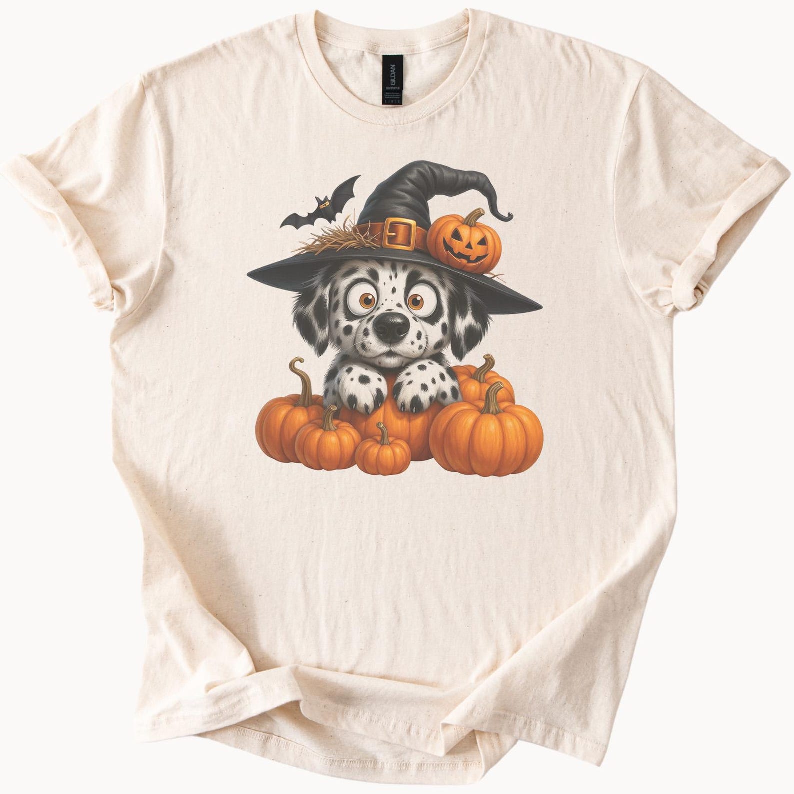 Dalmatian Puppy Halloween Shirt Cute Dog in Witch Hat with Pumpkins Fall Pumpkin Patch Graphic Tee Halloween Dog Lover Gift 160