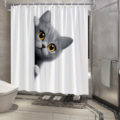 1pc Playful Grey Kitten Shower Curtain with Amber Eyes, Polyester Fabric, Curious Peeking Cat Design, Includes 12 Hooks,