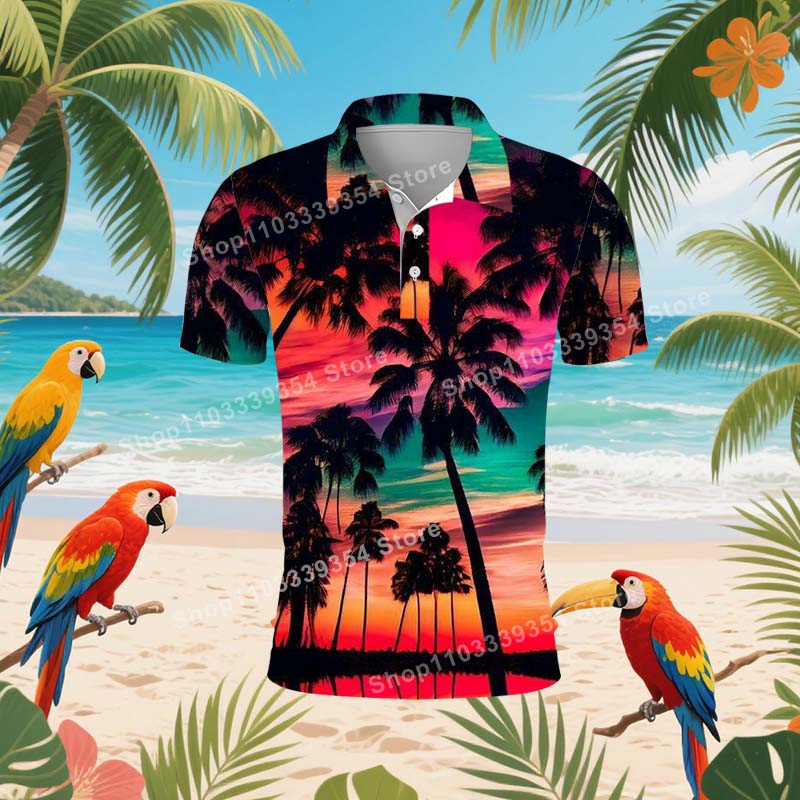 

Hawaiian Beach Coconut Trees Polo Shirt For Men Summer 3D Print Leaves Short Sleeve Golf Polo S