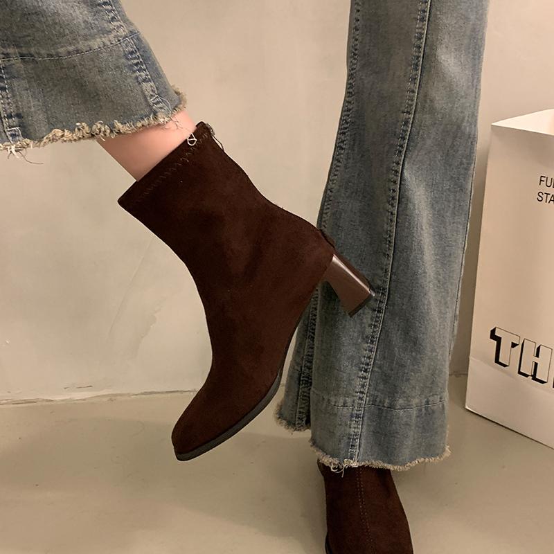 Women's Fleece-lined Small Leg Boots High Heel Korean Style Winter Shoes  New Autumn Short Boots Rubber Material